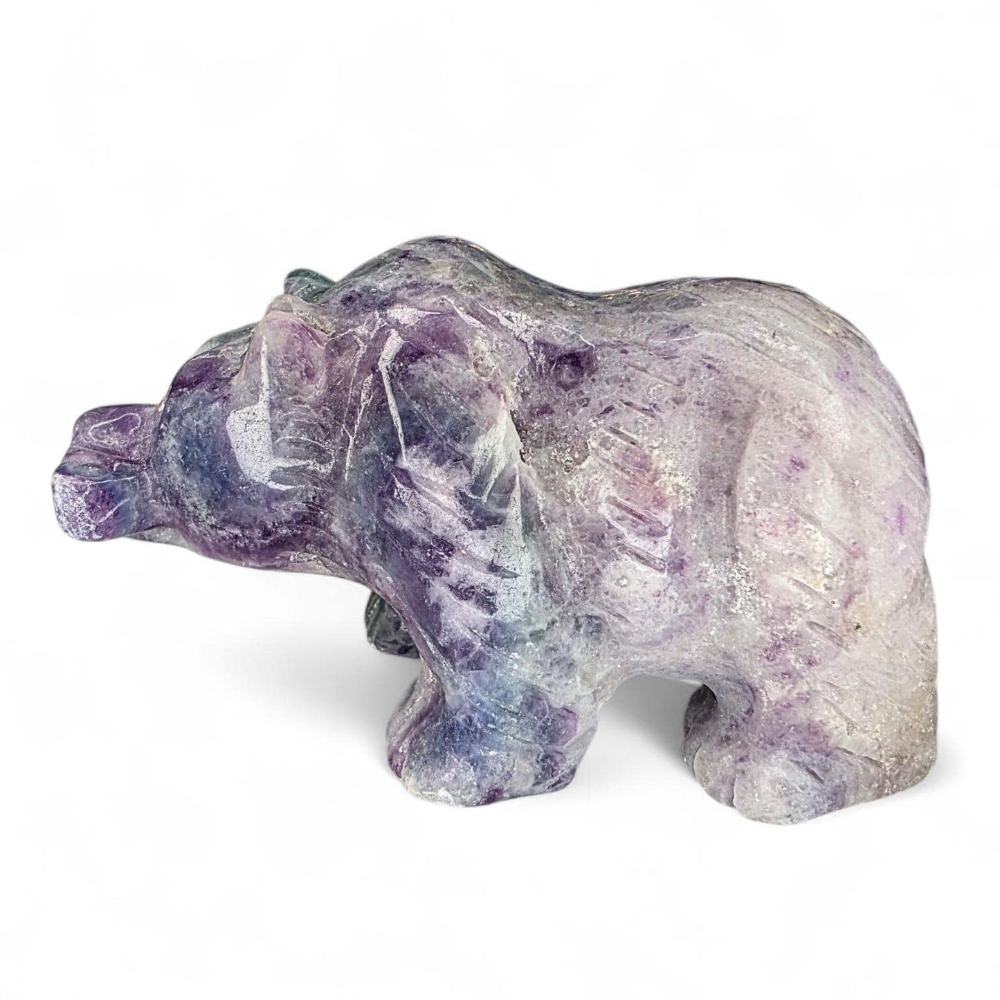 Hand Carved Rainbow Fluorite Grizzly Bear with Fish - 1.2 lb Crystal Totem Forest Animal Carving