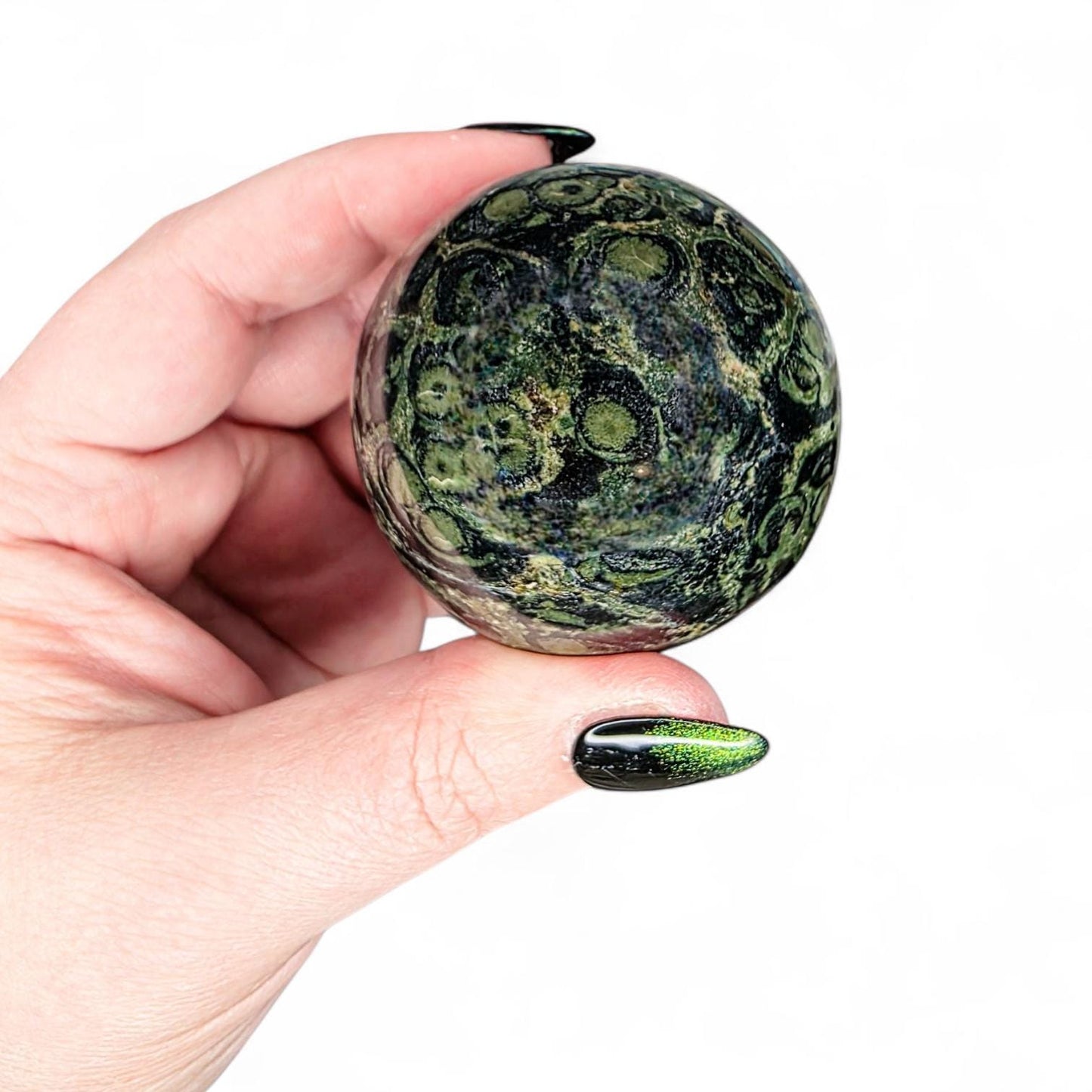 Kambaba Jasper Sphere with Wood Stand - Collector Grade Crystal Orb - Green and Black Crocodile Jasper