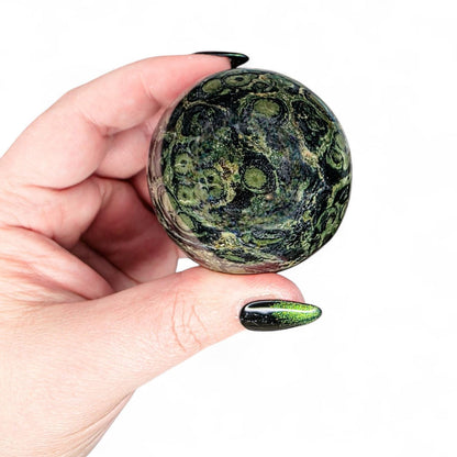 Kambaba Jasper Sphere with Wood Stand - Collector Grade Crystal Orb - Green and Black Crocodile Jasper
