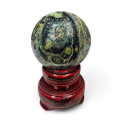 Kambaba Jasper Sphere with Wood Stand - Collector Grade Crystal Orb - Green and Black Crocodile Jasper