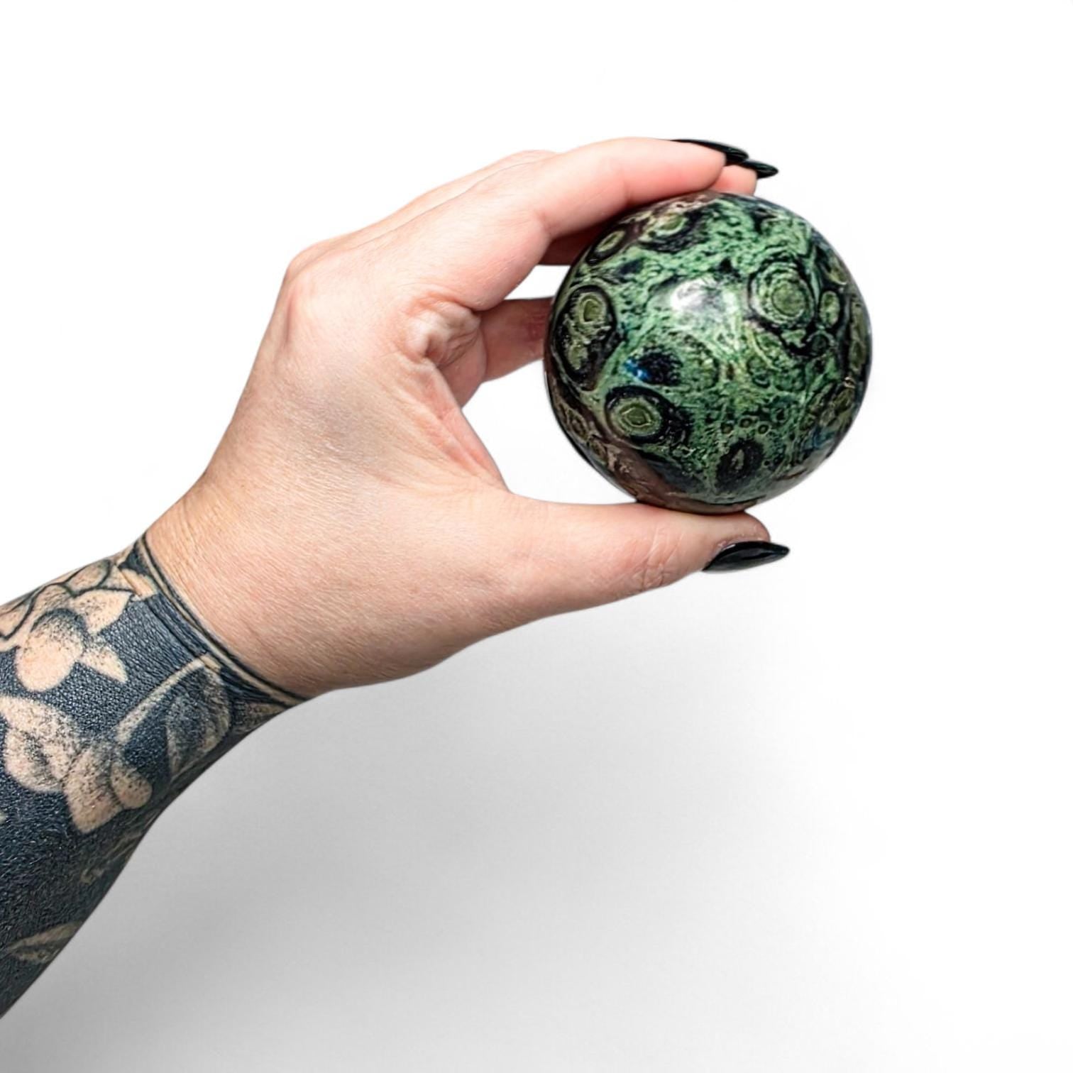 Kambaba Jasper Sphere with Wood Stand - Collector Grade Crystal Orb - Green and Black Crocodile Jasper