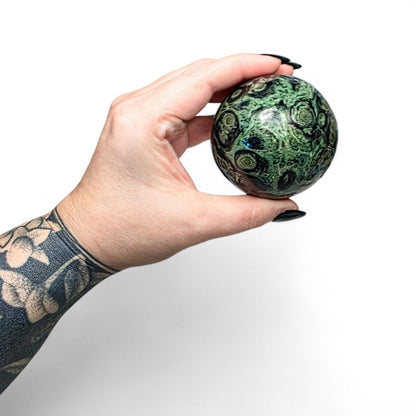 Kambaba Jasper Sphere with Wood Stand - Collector Grade Crystal Orb - Green and Black Crocodile Jasper
