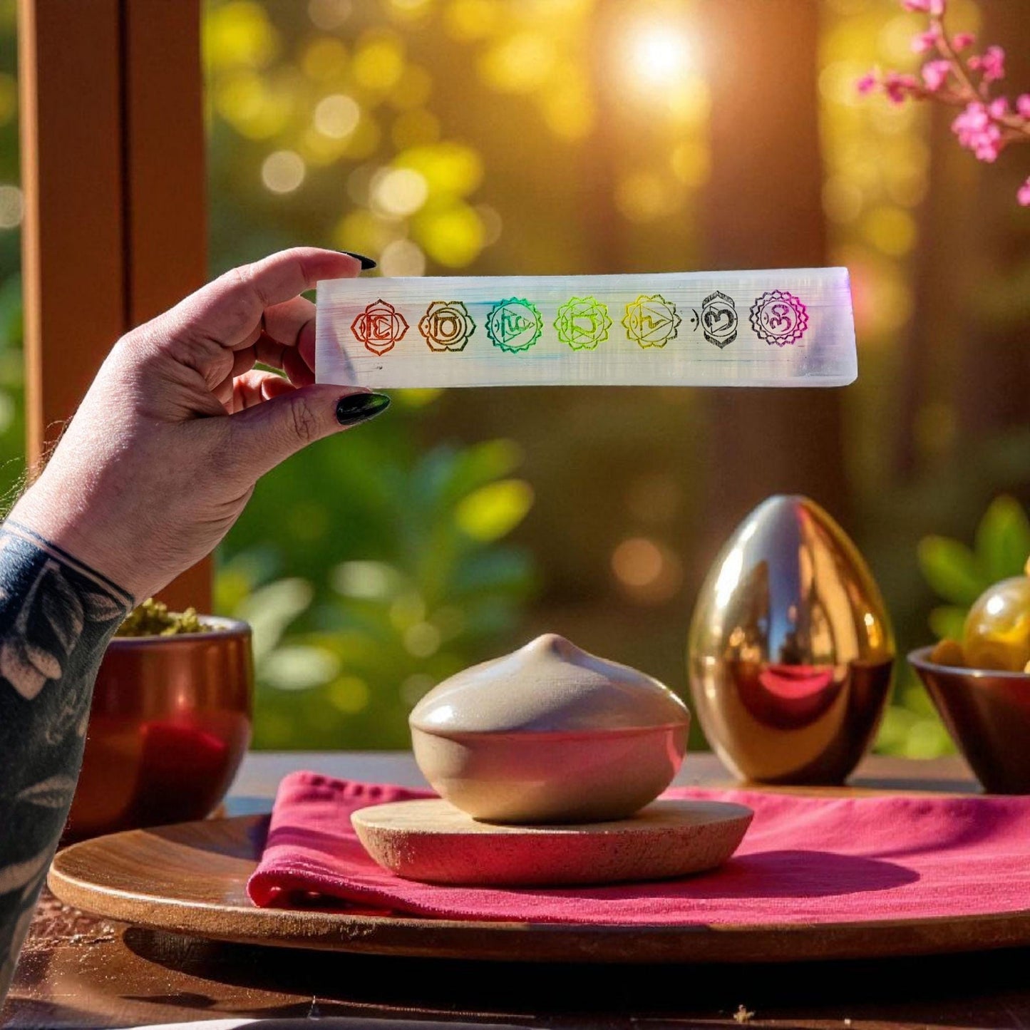 8" Selenite Chakra Charging Plate - Engraved Rainbow Satin Spar Slab | Crystal Charging Tray | Home Decor