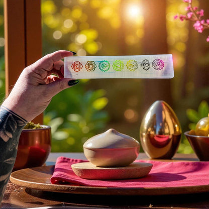 8" Selenite Chakra Charging Plate - Engraved Rainbow Satin Spar Slab | Crystal Charging Tray | Home Decor