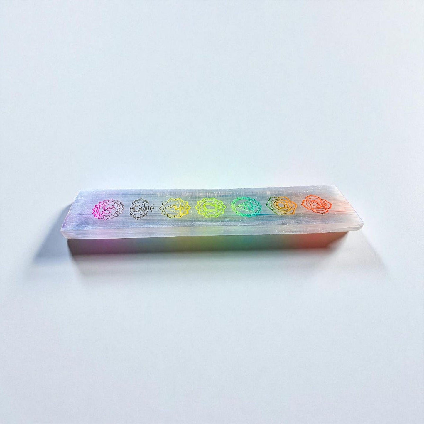 8" Selenite Chakra Charging Plate - Engraved Rainbow Satin Spar Slab | Crystal Charging Tray | Home Decor