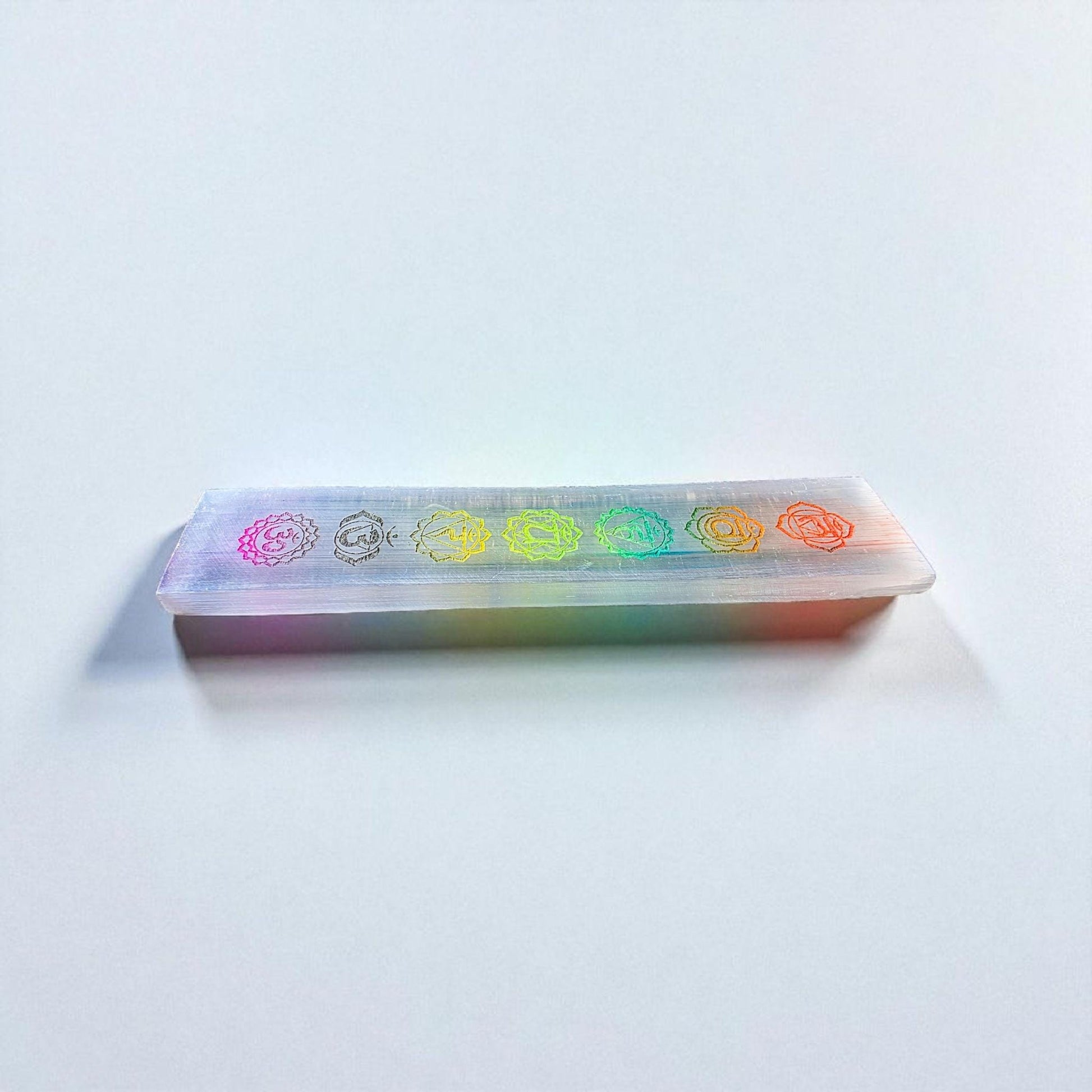 8" Selenite Chakra Charging Plate - Engraved Rainbow Satin Spar Slab | Crystal Charging Tray | Home Decor
