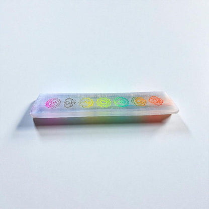 8" Selenite Chakra Charging Plate - Engraved Rainbow Satin Spar Slab | Crystal Charging Tray | Home Decor