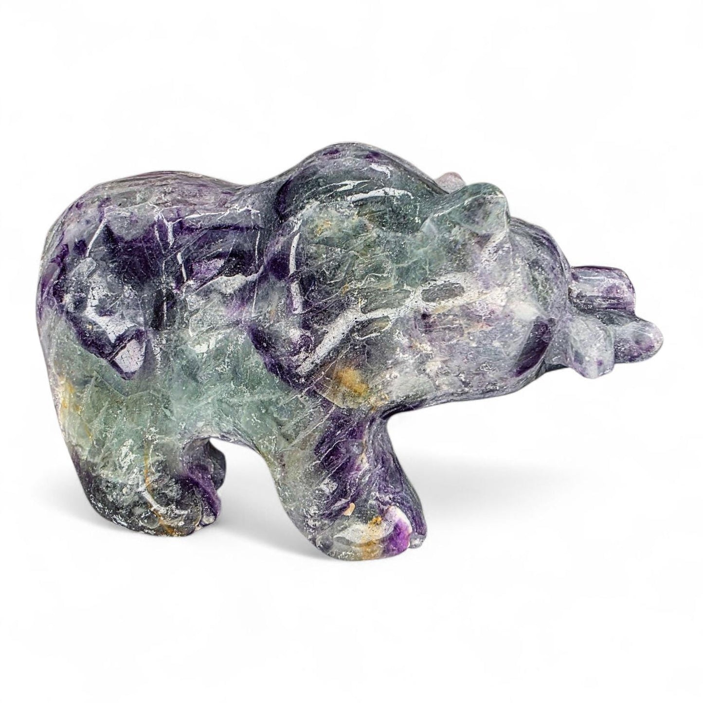 Hand Carved Rainbow Fluorite Grizzly Bear with Fish - 1.2 lb Crystal Totem Forest Animal Carving