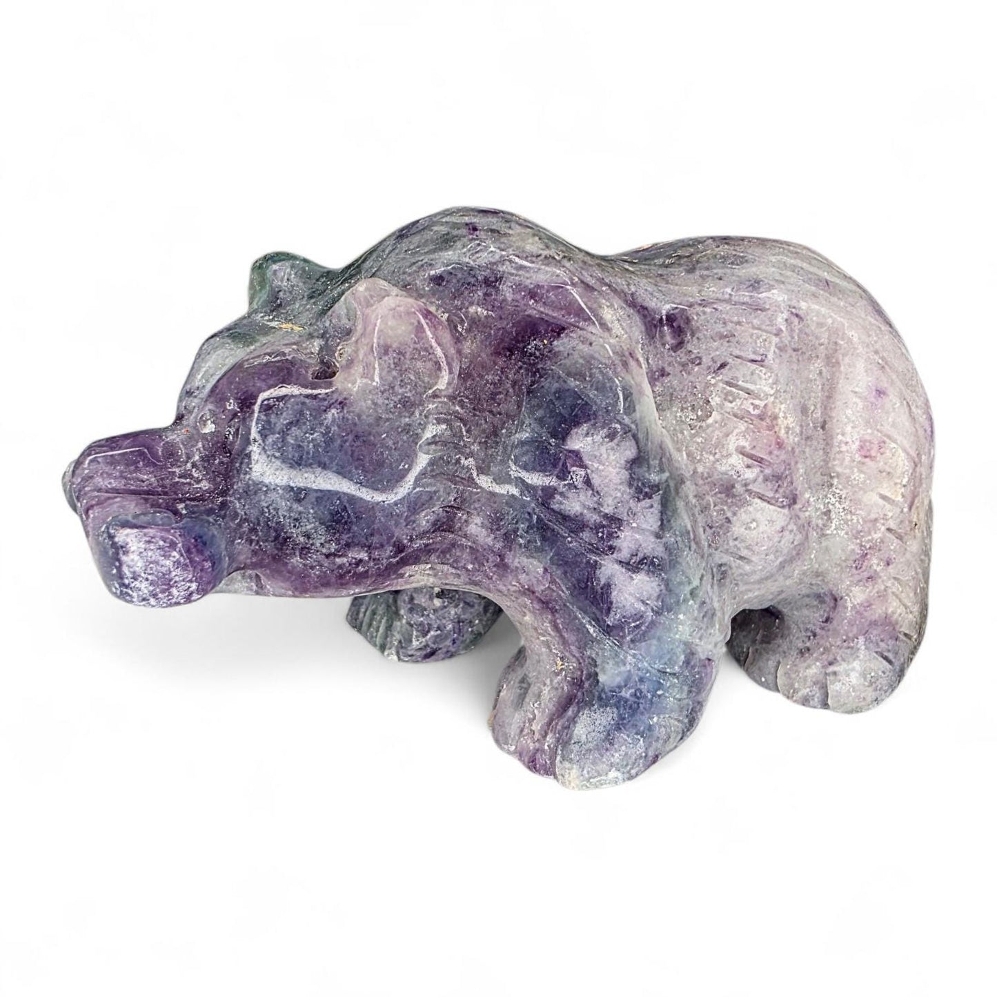 Hand Carved Rainbow Fluorite Grizzly Bear with Fish - 1.2 lb Crystal Totem Forest Animal Carving