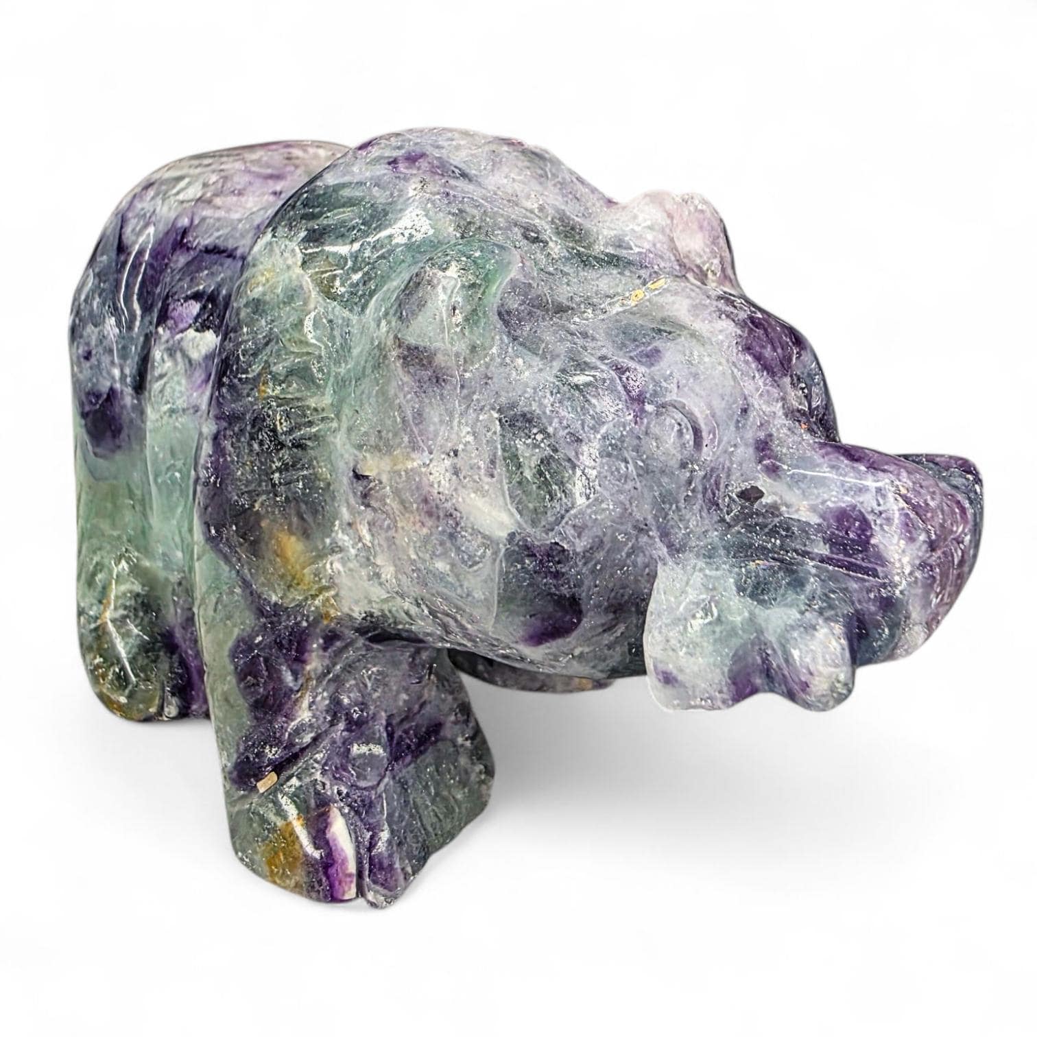 Hand Carved Rainbow Fluorite Grizzly Bear with Fish - 1.2 lb Crystal Totem Forest Animal Carving