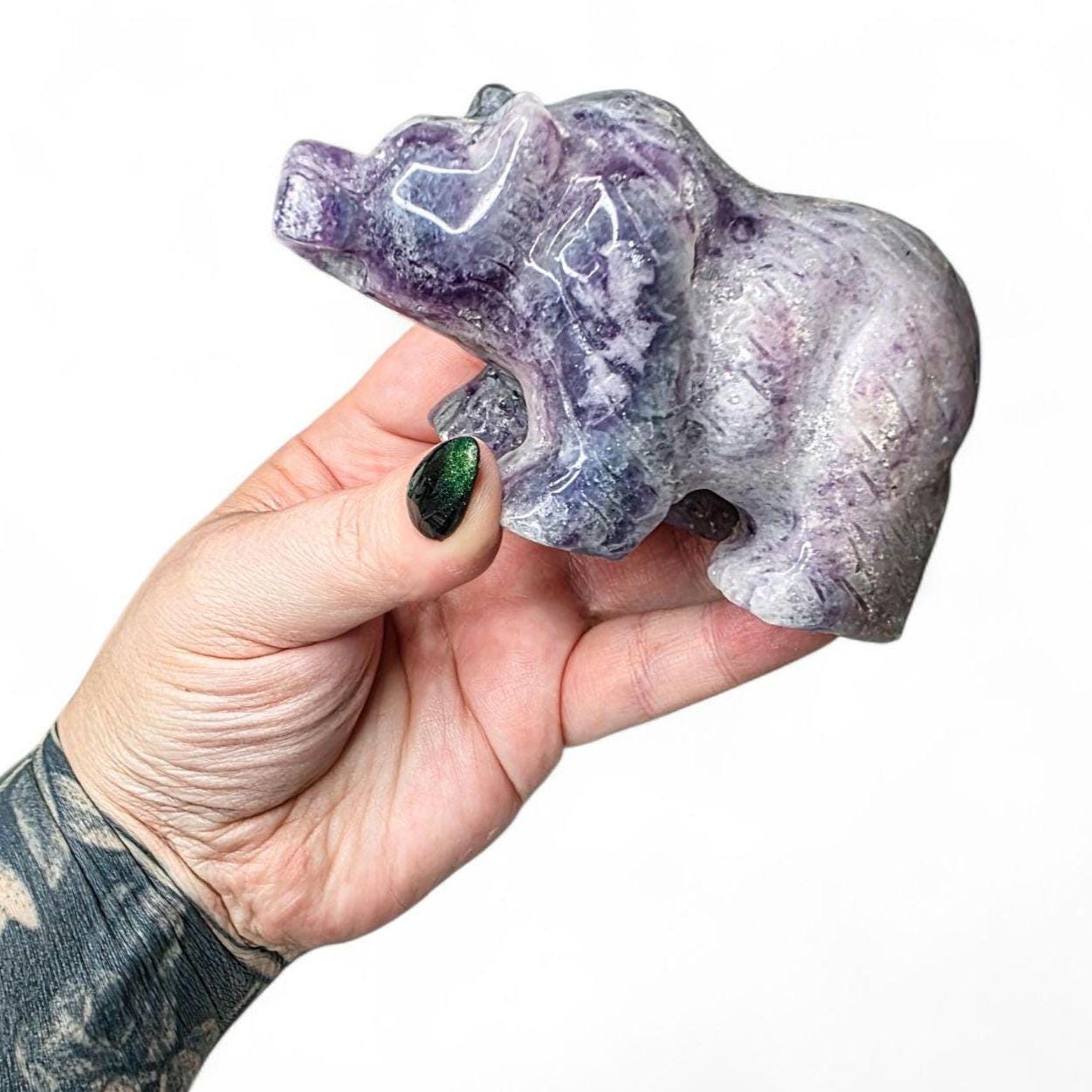 Hand Carved Rainbow Fluorite Grizzly Bear with Fish - 1.2 lb Crystal Totem Forest Animal Carving