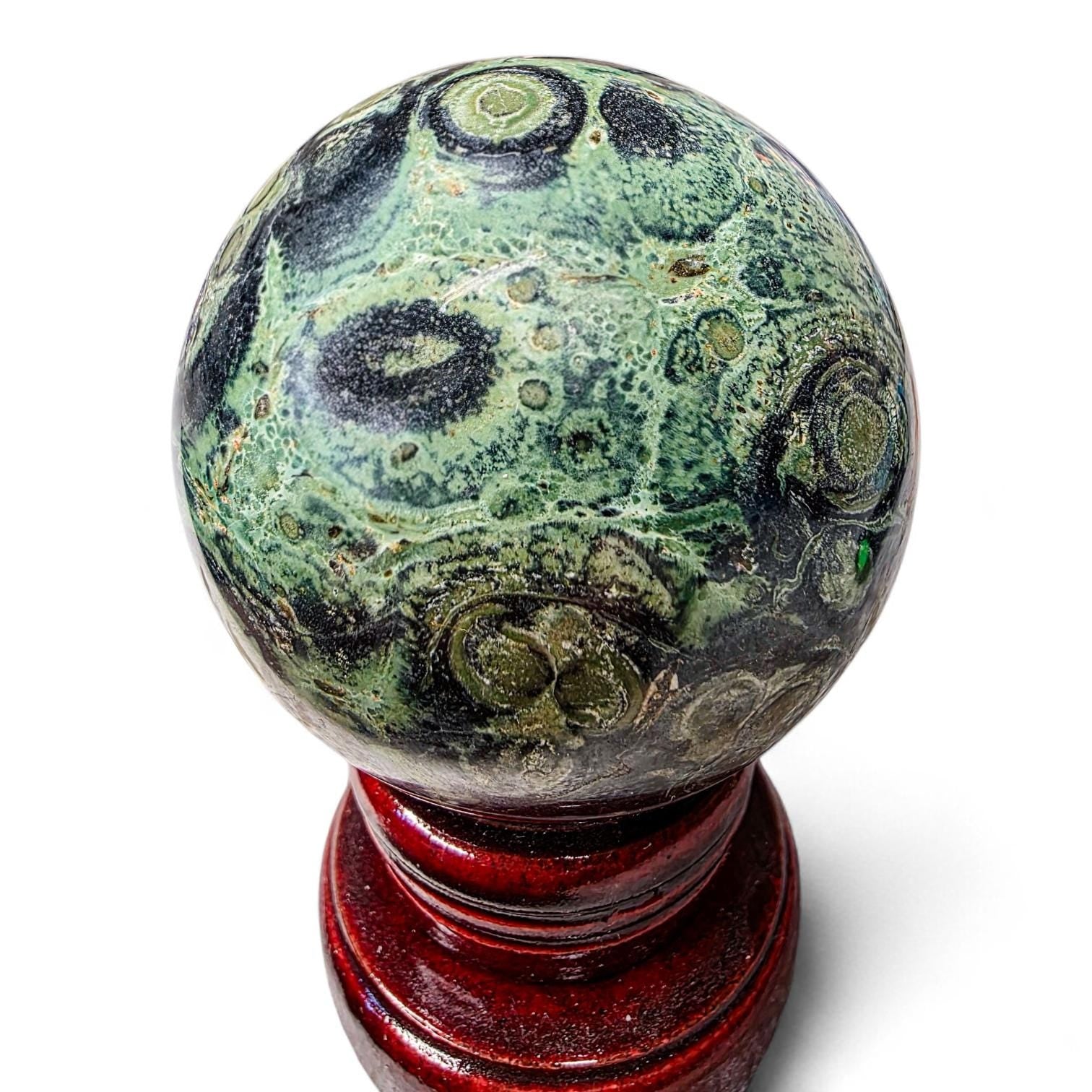 Kambaba Jasper Sphere with Wood Stand - Collector Grade Crystal Orb - Green and Black Crocodile Jasper