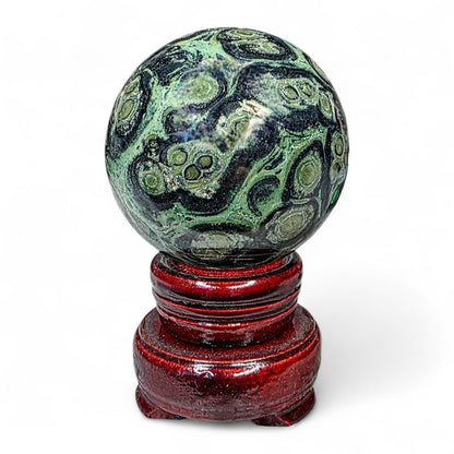 Kambaba Jasper Sphere with Wood Stand - Collector Grade Crystal Orb - Green and Black Crocodile Jasper