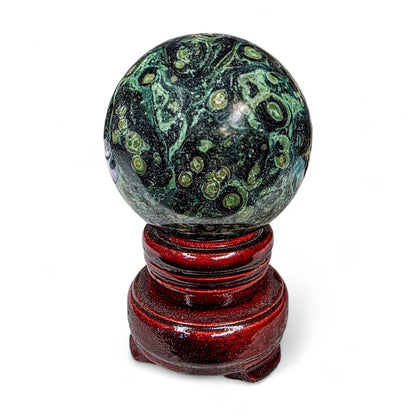 Kambaba Jasper Sphere with Wood Stand - Collector Grade Crystal Orb - Green and Black Crocodile Jasper
