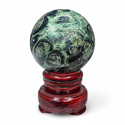 Kambaba Jasper Sphere with Wood Stand - Collector Grade Crystal Orb - Green and Black Crocodile Jasper