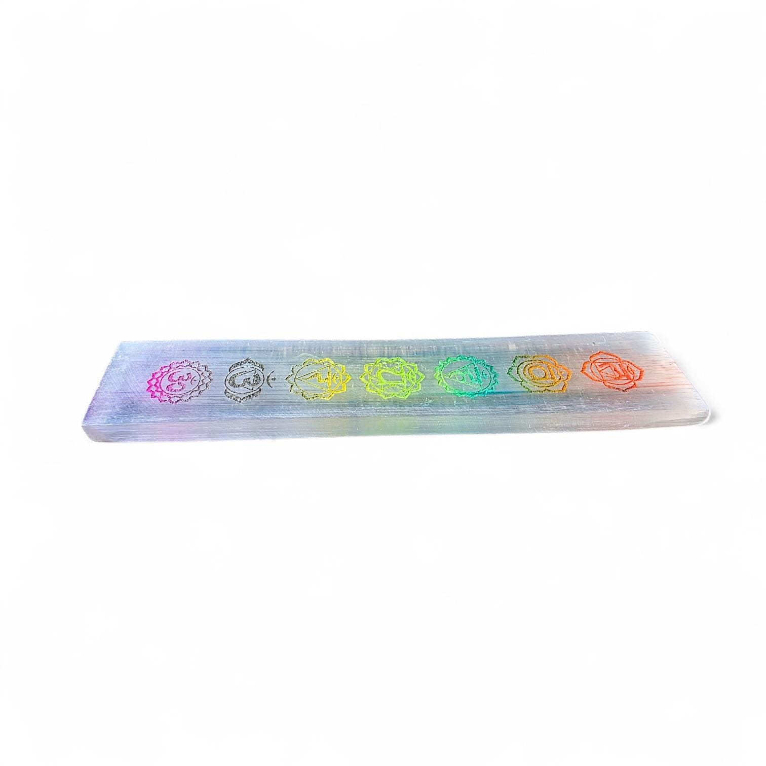 8" Selenite Chakra Charging Plate - Engraved Rainbow Satin Spar Slab | Crystal Charging Tray | Home Decor