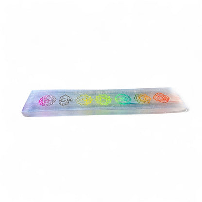 8" Selenite Chakra Charging Plate - Engraved Rainbow Satin Spar Slab | Crystal Charging Tray | Home Decor