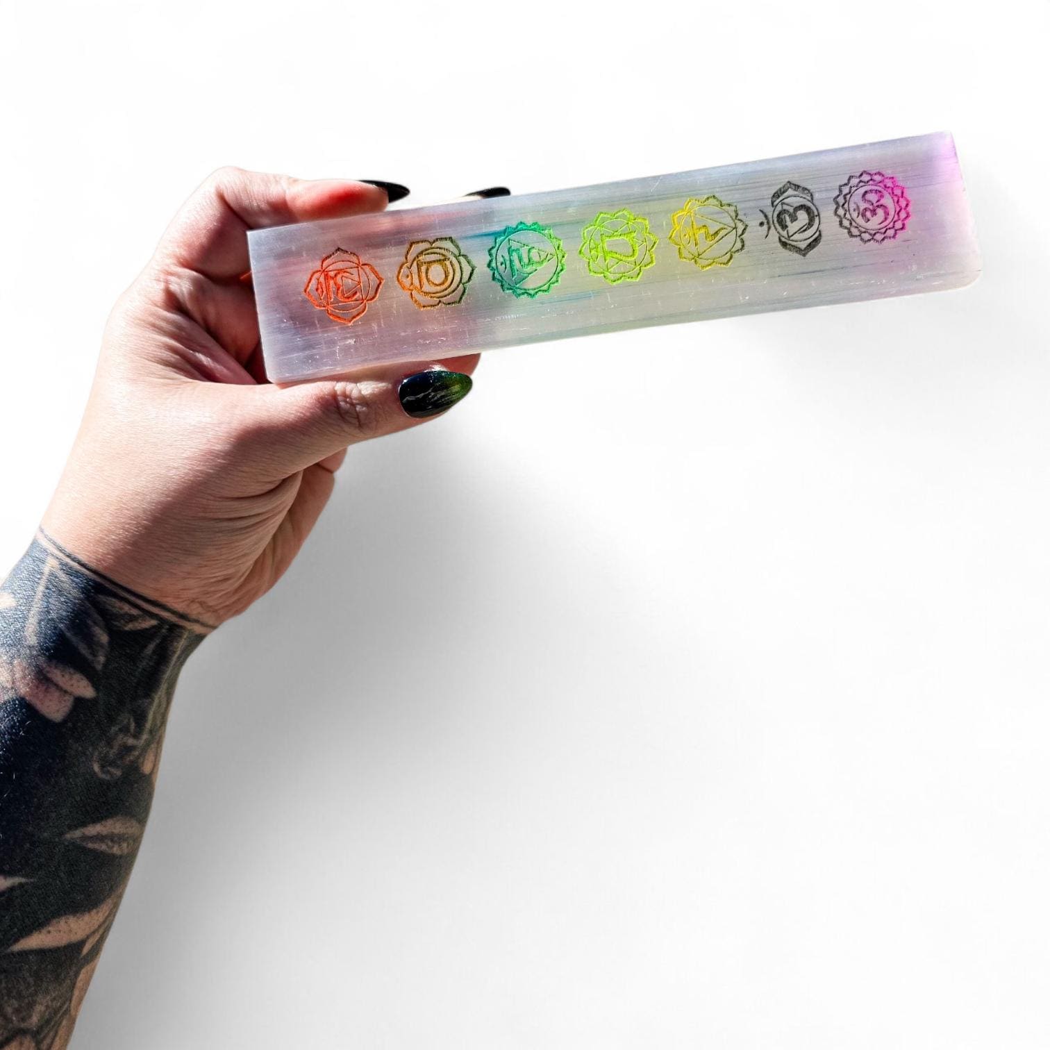 8" Selenite Chakra Charging Plate - Engraved Rainbow Satin Spar Slab | Crystal Charging Tray | Home Decor