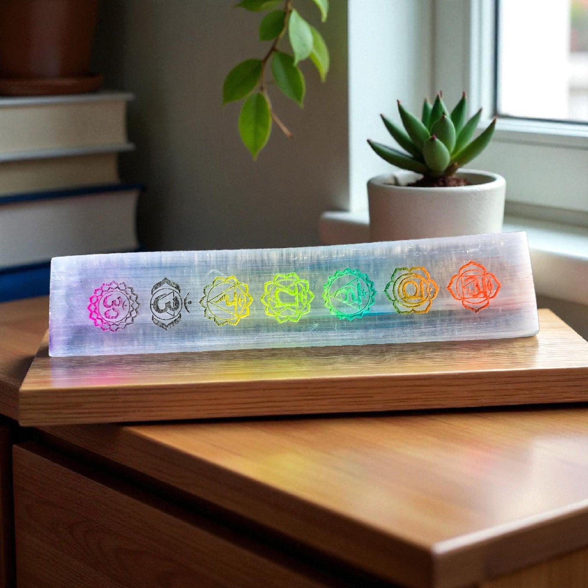 8" Selenite Chakra Charging Plate - Engraved Rainbow Satin Spar Slab | Crystal Charging Tray | Home Decor