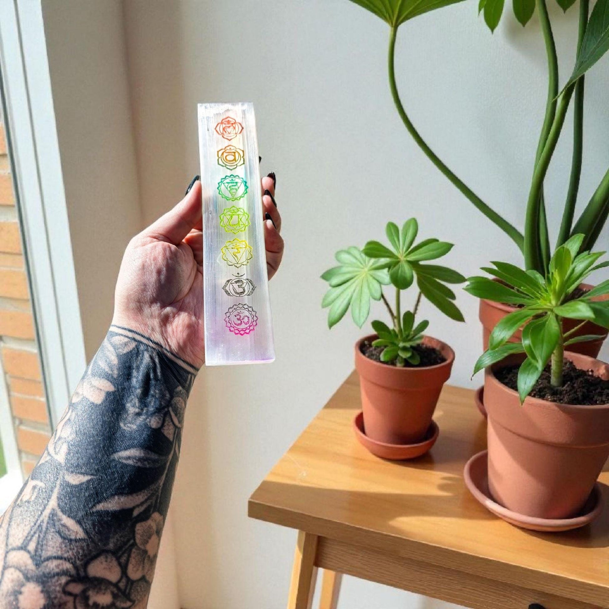 8" Selenite Chakra Charging Plate - Engraved Rainbow Satin Spar Slab | Crystal Charging Tray | Home Decor