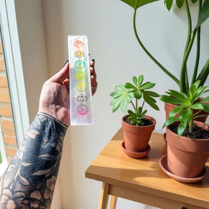 8" Selenite Chakra Charging Plate - Engraved Rainbow Satin Spar Slab | Crystal Charging Tray | Home Decor