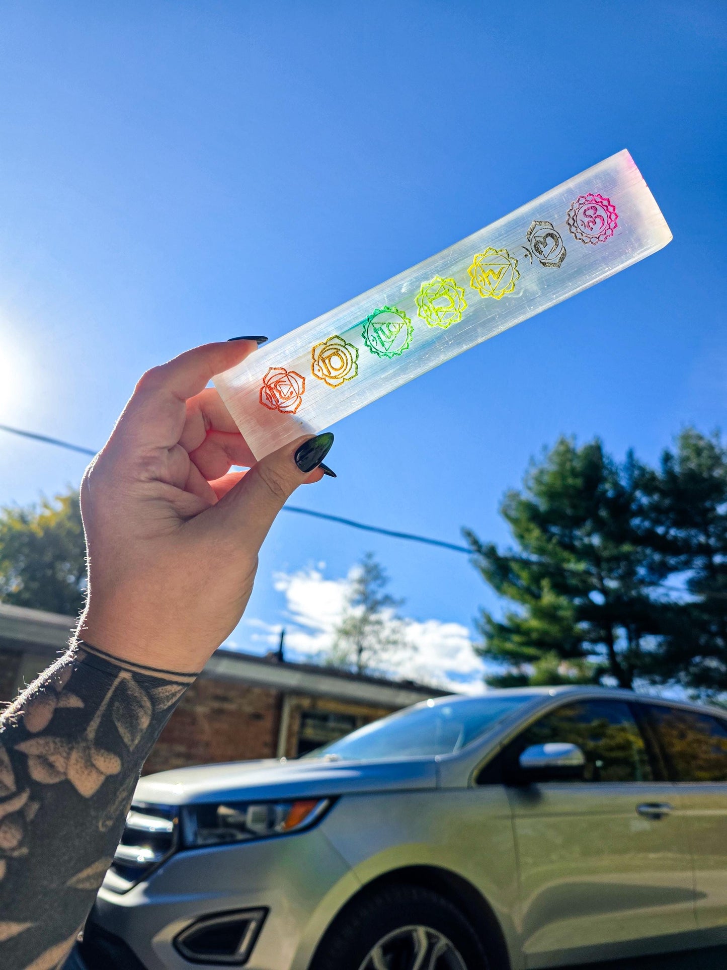8" Selenite Chakra Charging Plate - Engraved Rainbow Satin Spar Slab | Crystal Charging Tray | Home Decor