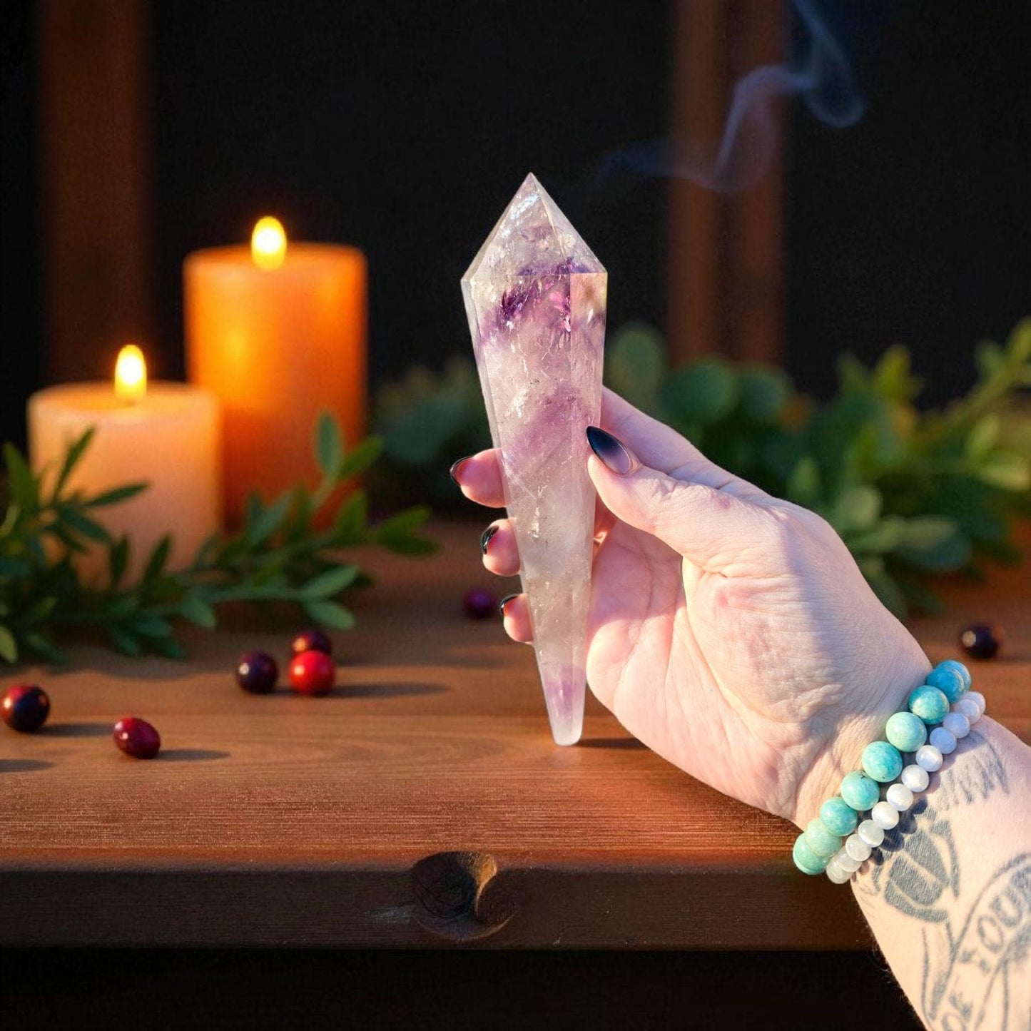High Quality Phantom Amethyst & Quartz Crystal Wand with Rainbows | 5" - 7" Faceted Altar Tool | Free Stand Included
