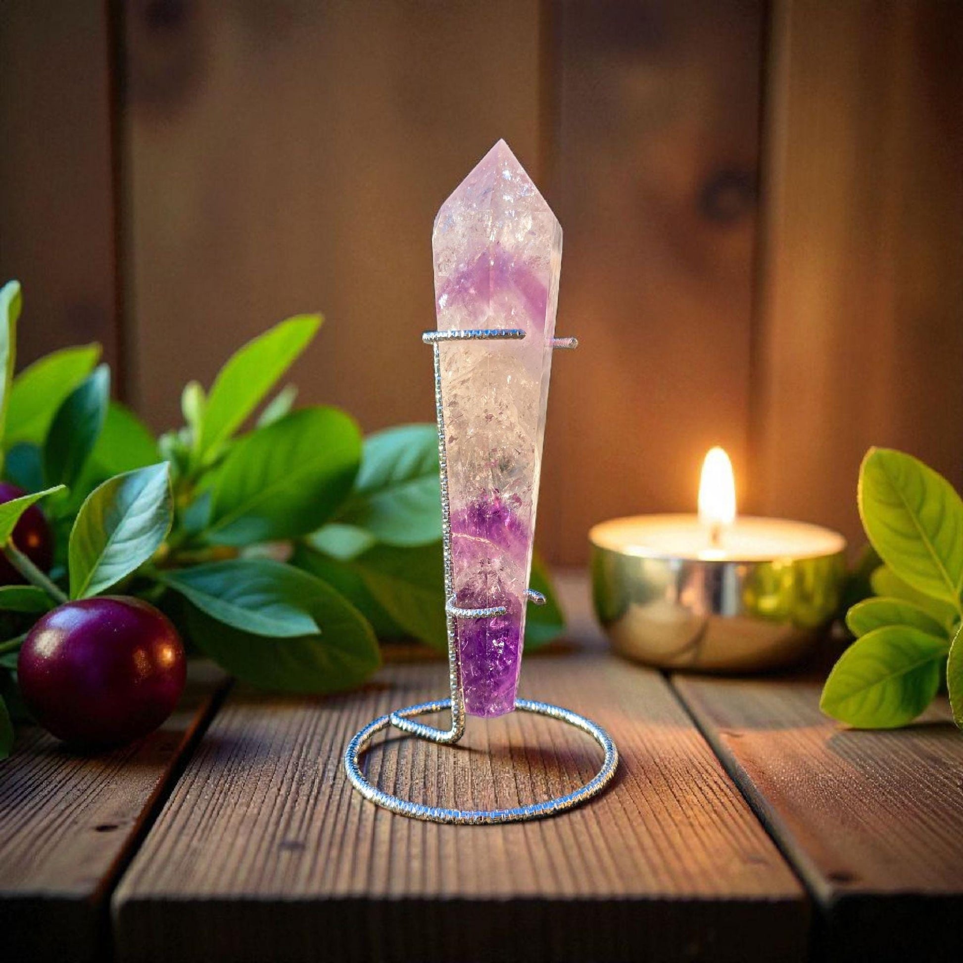 High Quality Phantom Amethyst & Quartz Crystal Wand with Rainbows | 5" - 7" Faceted Altar Tool | Free Stand Included
