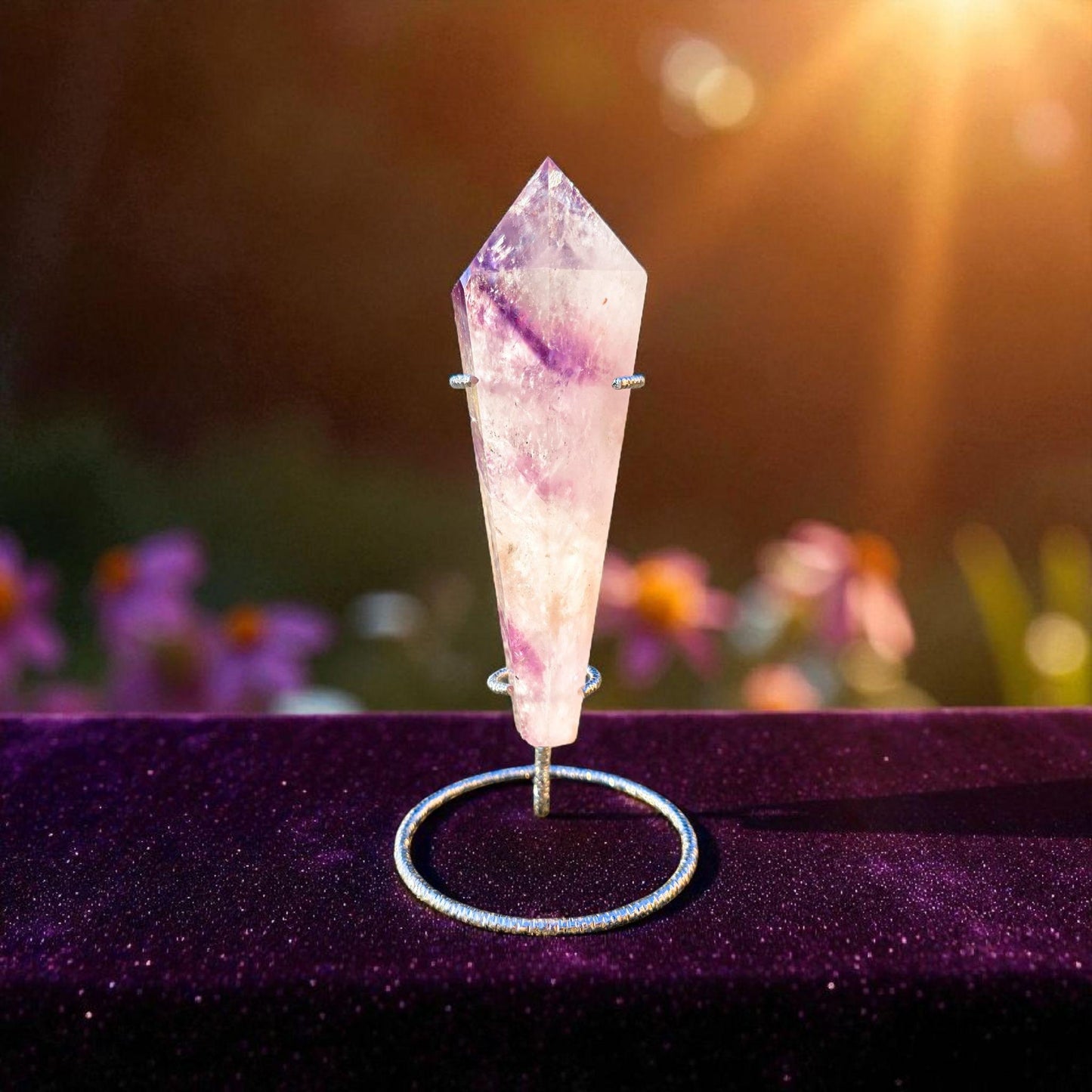High Quality Phantom Amethyst & Quartz Crystal Wand with Rainbows | 5" - 7" Faceted Altar Tool | Free Stand Included