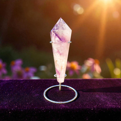 High Quality Phantom Amethyst & Quartz Crystal Wand with Rainbows | 5" - 7" Faceted Altar Tool | Free Stand Included