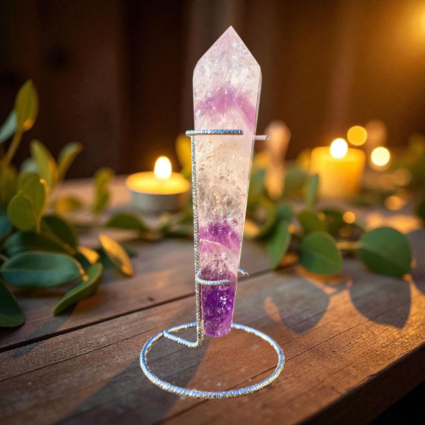 High Quality Phantom Amethyst & Quartz Crystal Wand with Rainbows | 5" - 7" Faceted Altar Tool | Free Stand Included