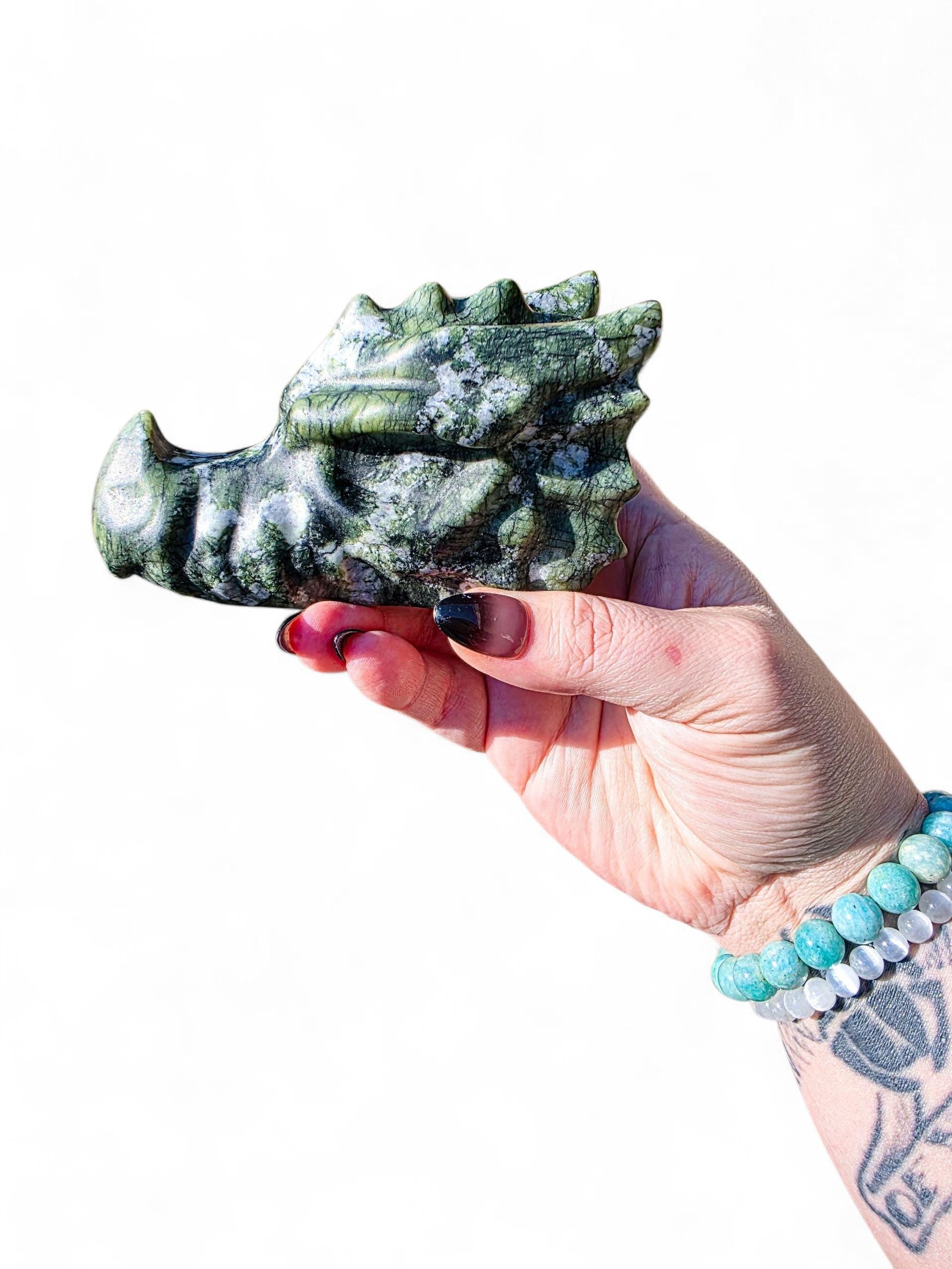 Large Green Jade Dragon Head Carving (4.75") | Heavy 1.4 lb Stone Medieval Fantasy Statue