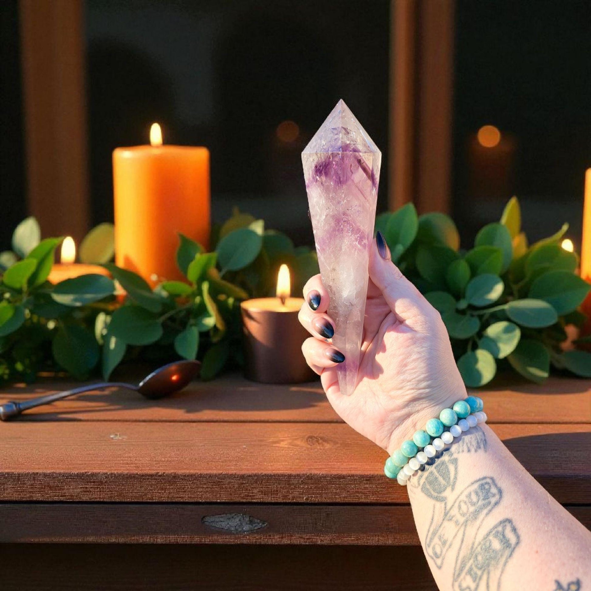 High Quality Phantom Amethyst & Quartz Crystal Wand with Rainbows | 5" - 7" Faceted Altar Tool | Free Stand Included