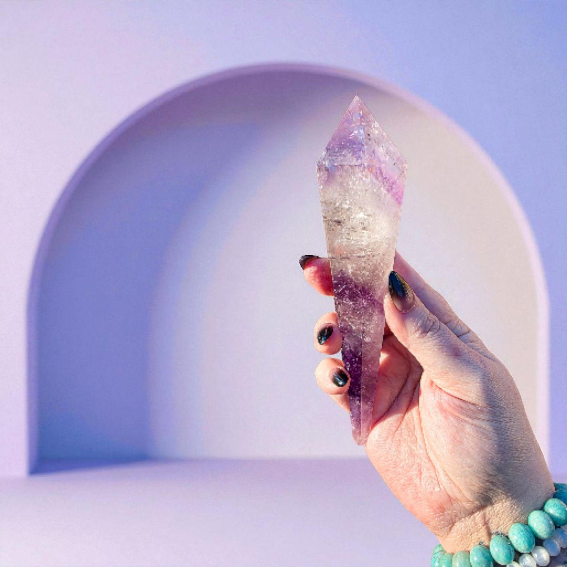 High Quality Phantom Amethyst & Quartz Crystal Wand with Rainbows | 5" - 7" Faceted Altar Tool | Free Stand Included