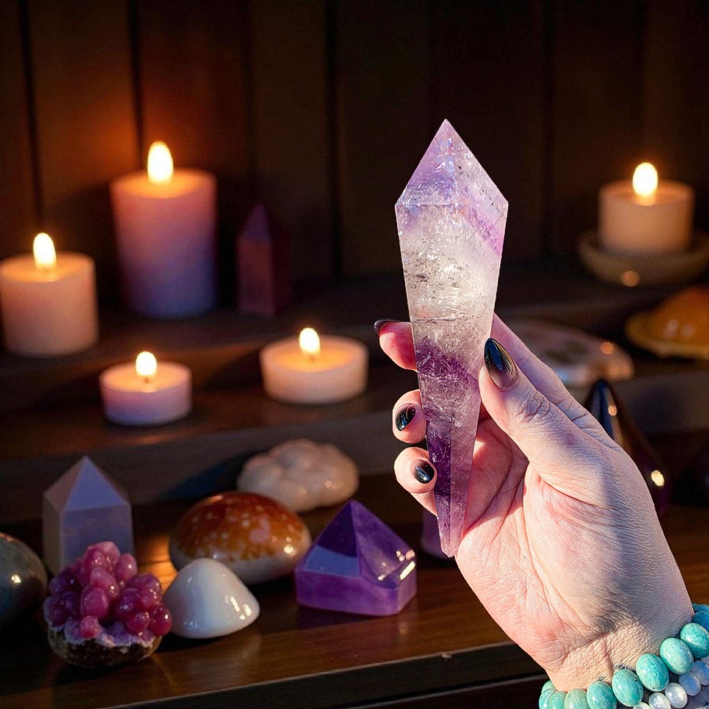 High Quality Phantom Amethyst & Quartz Crystal Wand with Rainbows | 5" - 7" Faceted Altar Tool | Free Stand Included