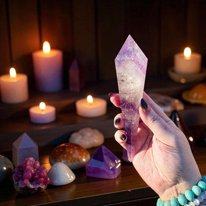 High Quality Phantom Amethyst & Quartz Crystal Wand with Rainbows | 5" - 7" Faceted Altar Tool | Free Stand Included