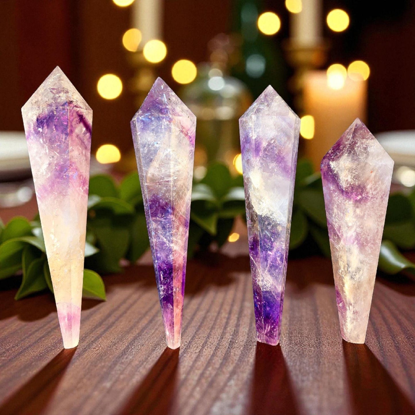 High Quality Phantom Amethyst & Quartz Crystal Wand with Rainbows | 5" - 7" Faceted Altar Tool | Free Stand Included