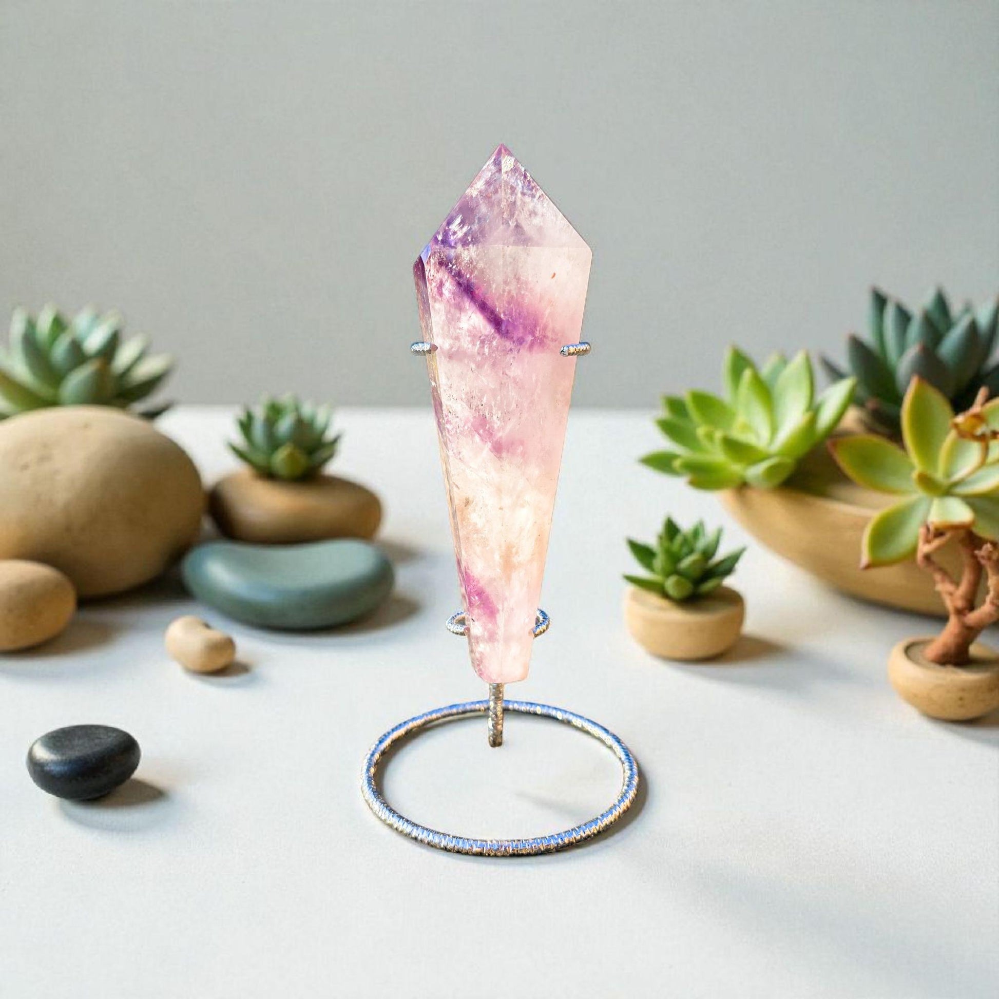High Quality Phantom Amethyst & Quartz Crystal Wand with Rainbows | 5" - 7" Faceted Altar Tool | Free Stand Included