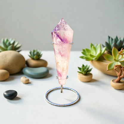 High Quality Phantom Amethyst & Quartz Crystal Wand with Rainbows | 5" - 7" Faceted Altar Tool | Free Stand Included