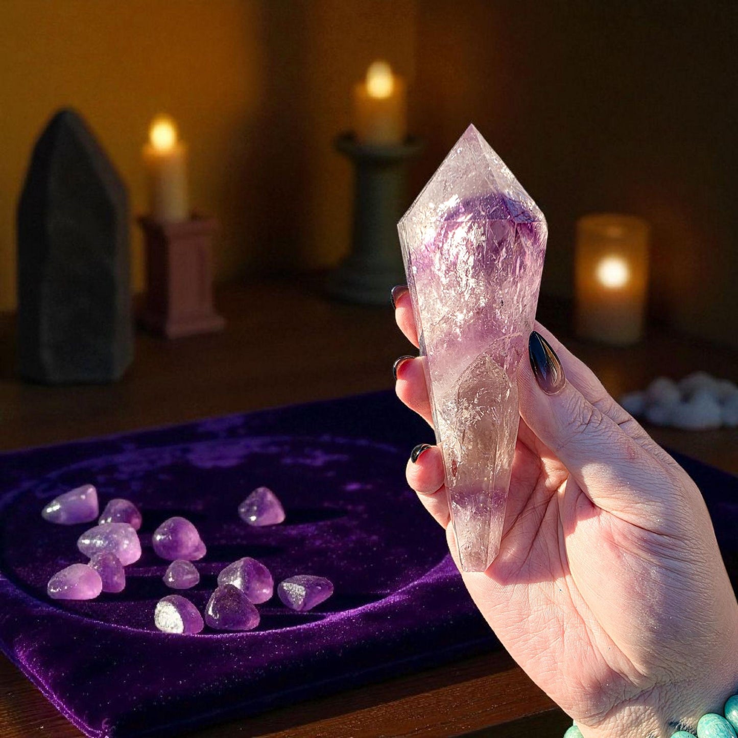 High Quality Phantom Amethyst & Quartz Crystal Wand with Rainbows | 5" - 7" Faceted Altar Tool | Free Stand Included