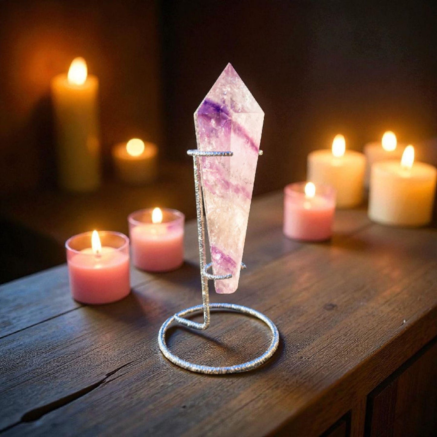 High Quality Phantom Amethyst & Quartz Crystal Wand with Rainbows | 5" - 7" Faceted Altar Tool | Free Stand Included