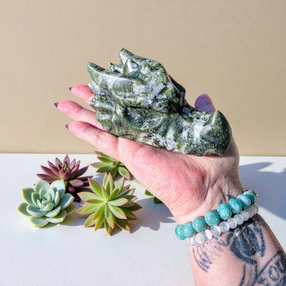 Large Green Jade Dragon Head Carving (4.75") | Heavy 1.4 lb Stone Medieval Fantasy Statue