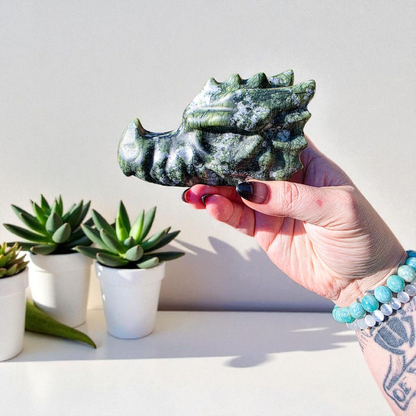 Large Green Jade Dragon Head Carving (4.75") | Heavy 1.4 lb Stone Medieval Fantasy Statue