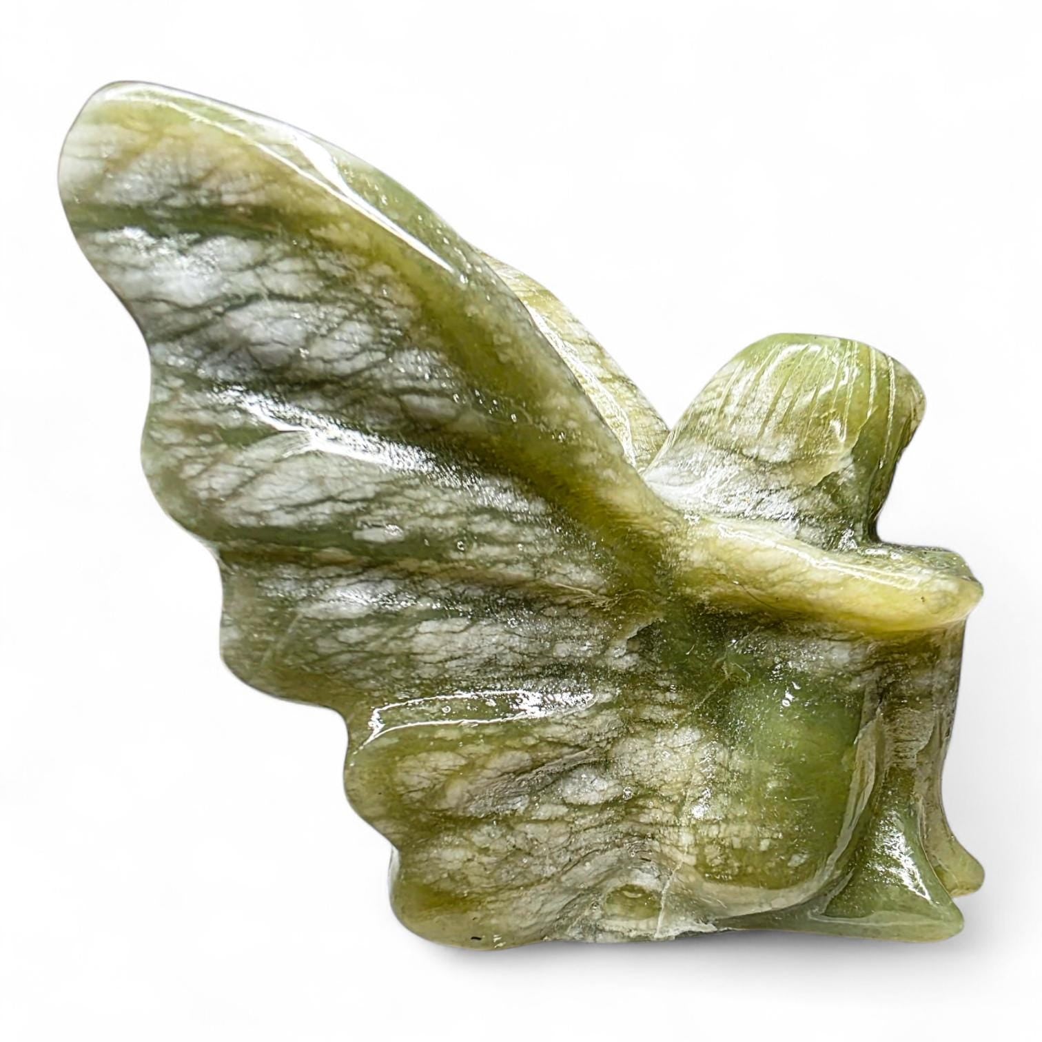 Large Serpentine Fairy Carving | Green Jade Crystal Figure | 3.75" Healing Gemstone Decor