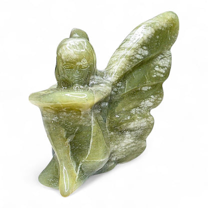 Large Serpentine Fairy Carving | Green Jade Crystal Figure | 3.75" Healing Gemstone Decor