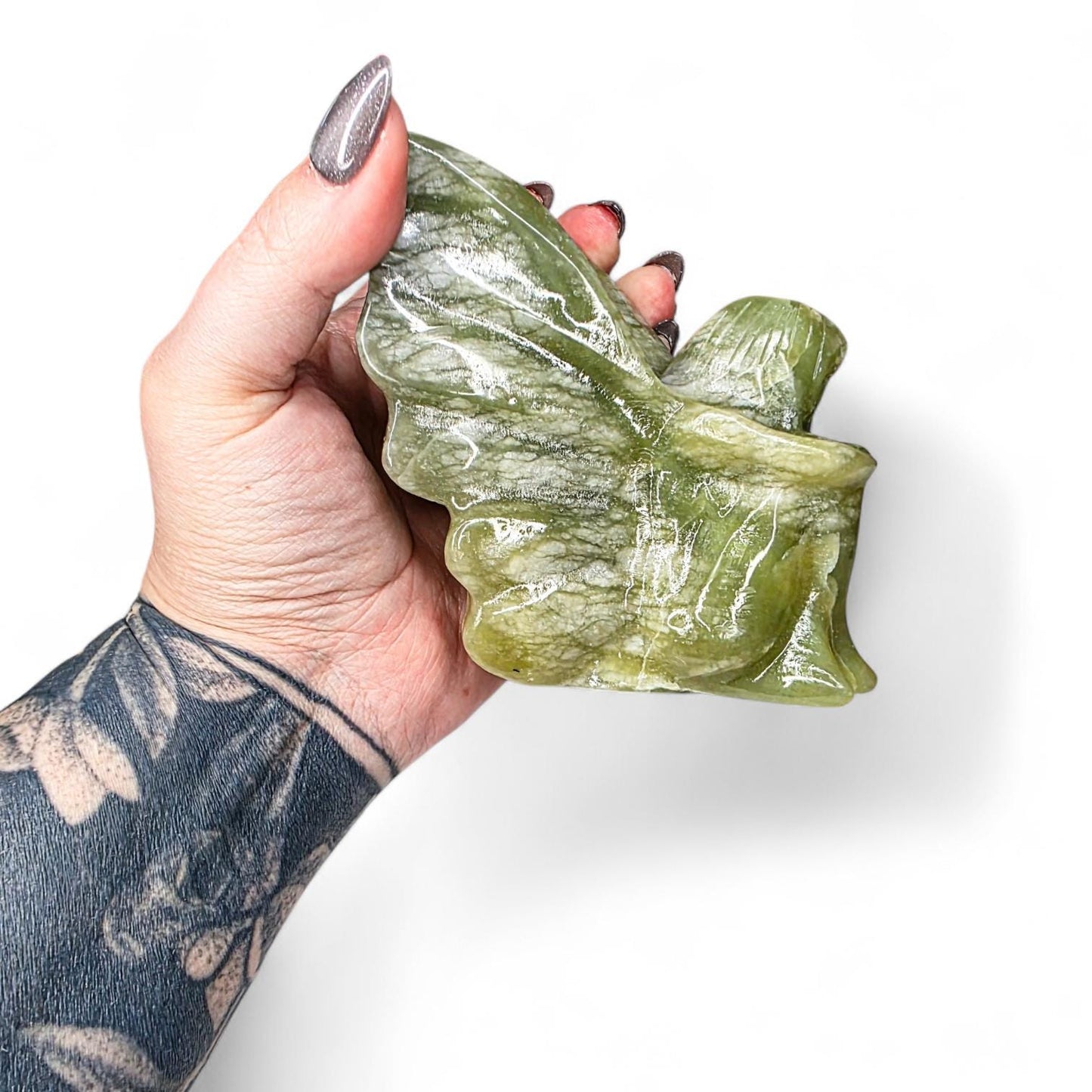 Large Serpentine Fairy Carving | Green Jade Crystal Figure | 3.75" Healing Gemstone Decor