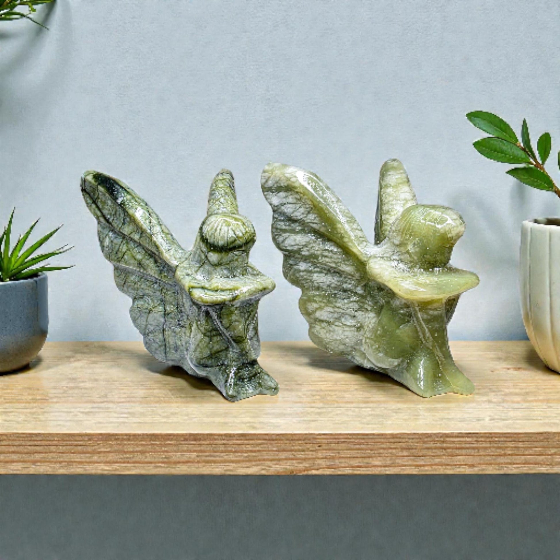 Large Serpentine Fairy Carving | Green Jade Crystal Figure | 3.75" Healing Gemstone Decor