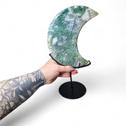 Large Moss Agate Crystal Moon with Custom Stand | 8" Translucent Crescent Carving | High-Quality Metaphysical Decor