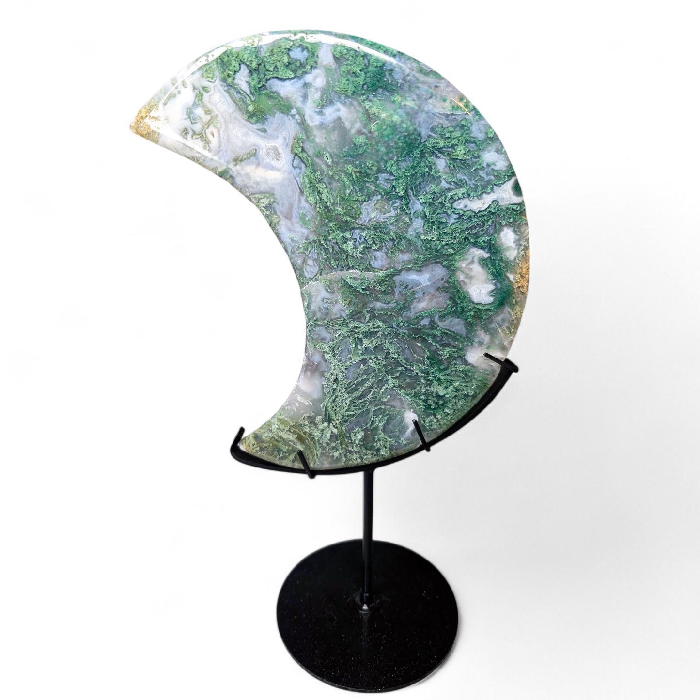 Large Moss Agate Crystal Moon with Custom Stand | 8" Translucent Crescent Carving | High-Quality Metaphysical Decor