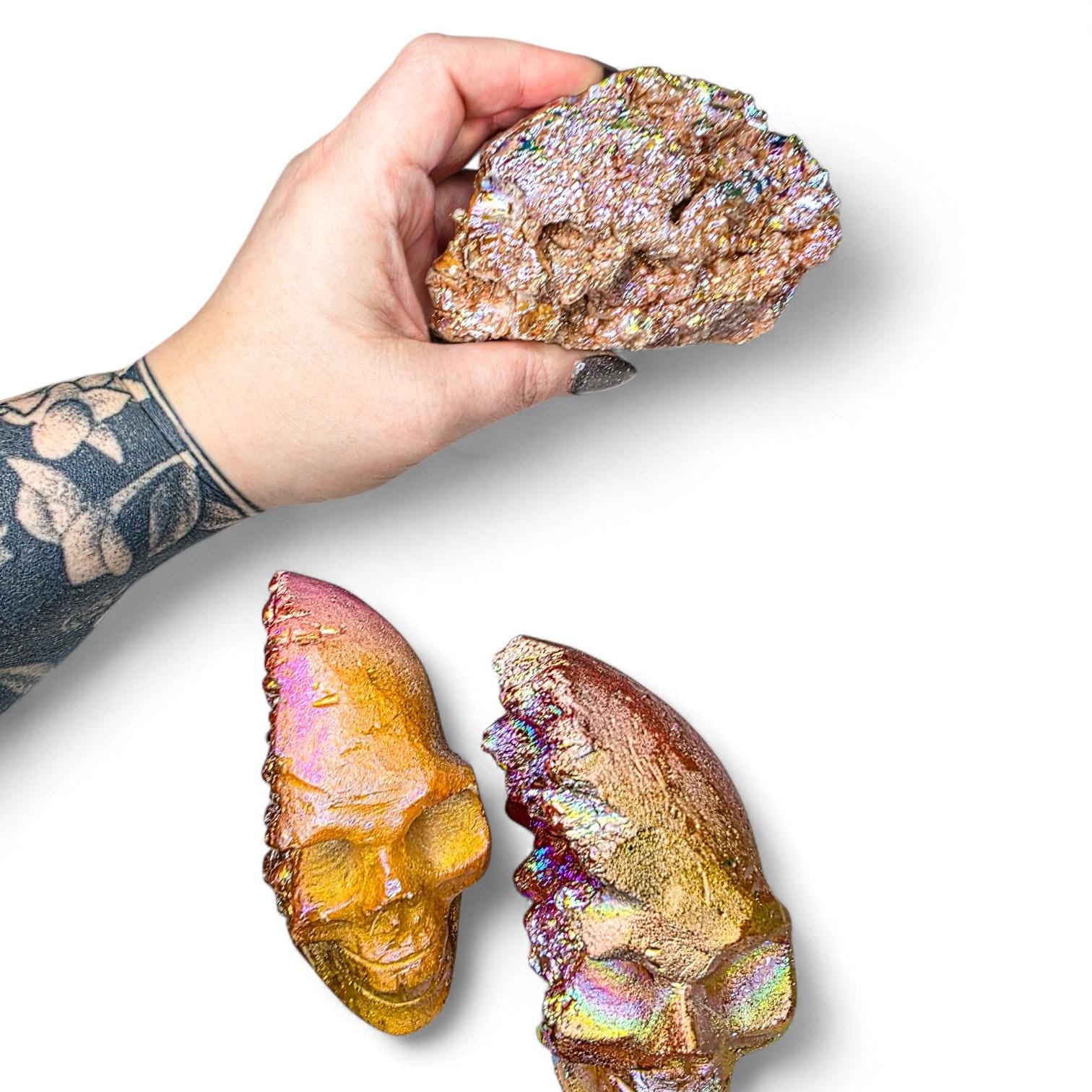 Aura Quartz Crystal Skull Carving | Large Titanium Druzy Skull | Rainbow Geode Skull | Choose Your Favorite